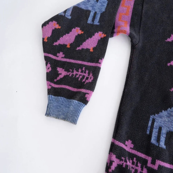 90S Loop Knitwear Black And Purple Aztec Camel Birds Crew Neck Sweater Medium - Picture 8 of 11
